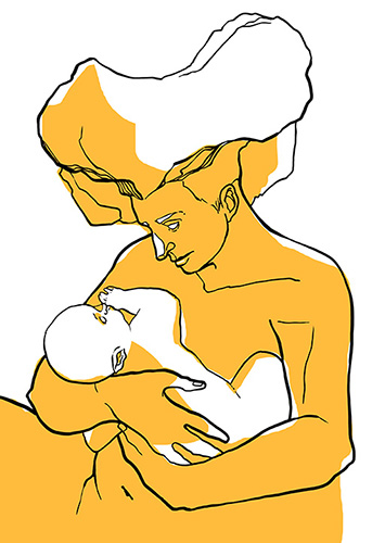 „Liebe“ - Illustration aus „Fantasy im Münsterland“; digitale Illustration. 
              Zu sehen ist eine orange kolorierte Mutterfigur mit nestförmigem, aufgetürmten Haar, die einen weißen Säugling im Arm hält.
              