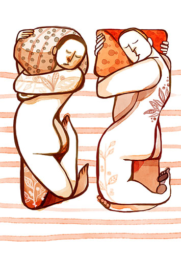 „Pillowtalk“ - freie Arbeit; digitale Illustration. 
              Zu sehen ist ein nacktes, nebeneinander schlafendes Paar abstrakter Figuren auf geringeltem Hintergrund. Das Bild enthält florale Elemente als Tattoos der Figuren und auf den Kissen und ist in Orangetönen und Weiß gehalten, die Ästhetik erinnert an Aquarellfarben. 
              