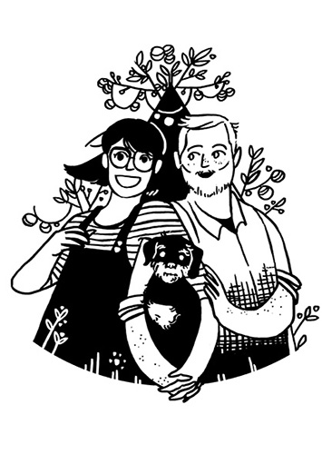 „J&T“ - Illustration für eine Einladung; digitale Illustration. 
              Zu sehen sind zwei Arm in Arm stehende Personen und ein Hund, hinter ihnen befindet sich ein Dreieck und einfache Pflanzenornamente. Die Bildsprache ist cartoonig und freundlich. 
              
